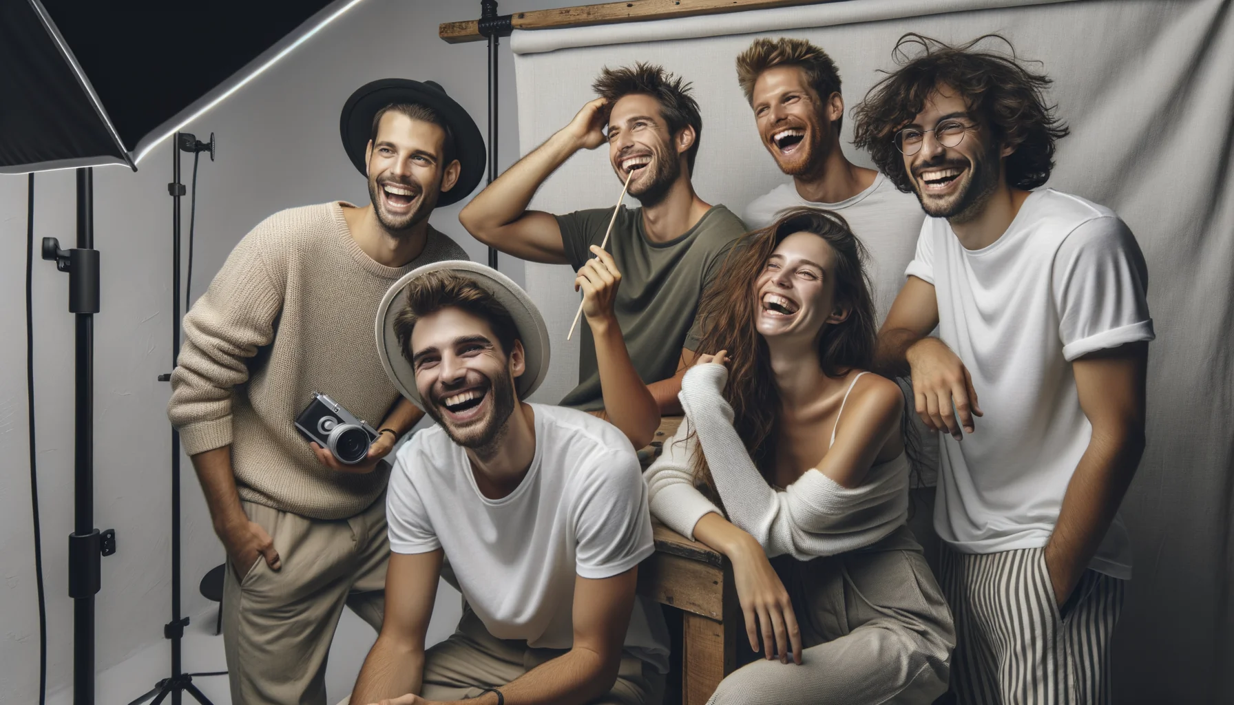 Happy diverse group having fun at premium photo booth experience with professional lighting setup